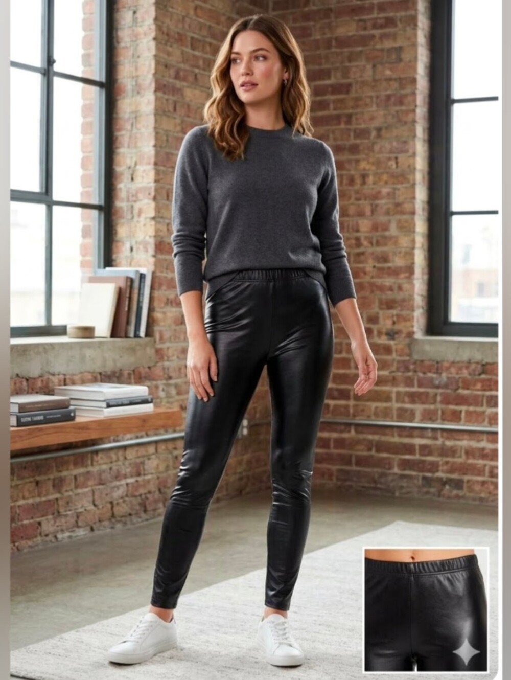 Connection 18 Black Lightweight Faux Leather Leggings with Elastic Waist Size M